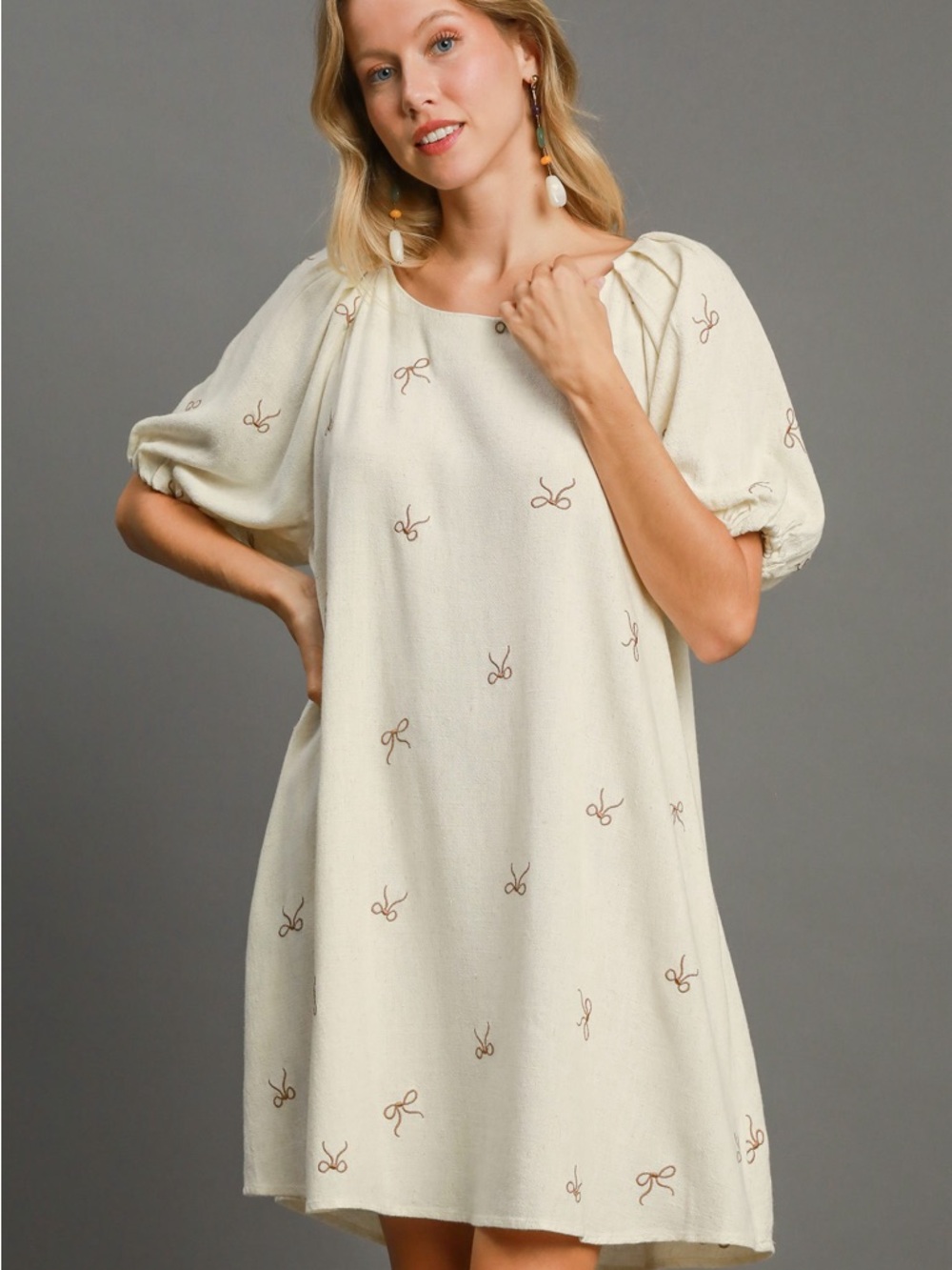 Umgee Cream Mini Dress with Brown Bow Embroidery